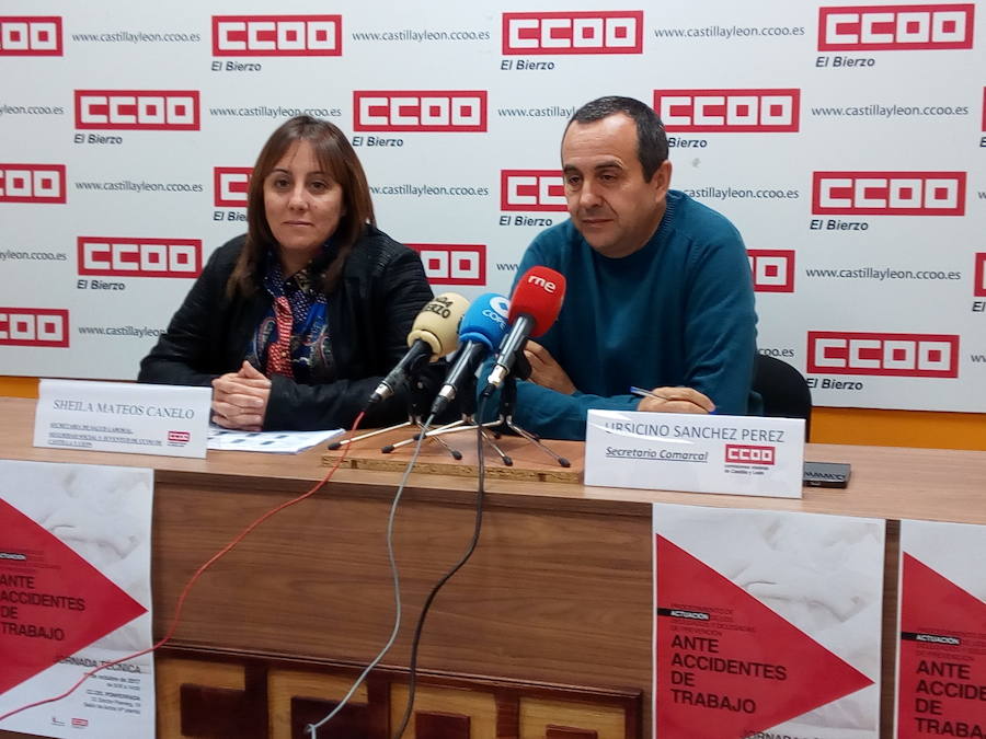 El secretario comarcal de CCOO, Ursicino Sánchez, y la secretaria de Salud Laboral, Seguridad Social y Juventud del sindicato en la Castilla y León, Sheila Mateos, en su comparencia./C. Ramos