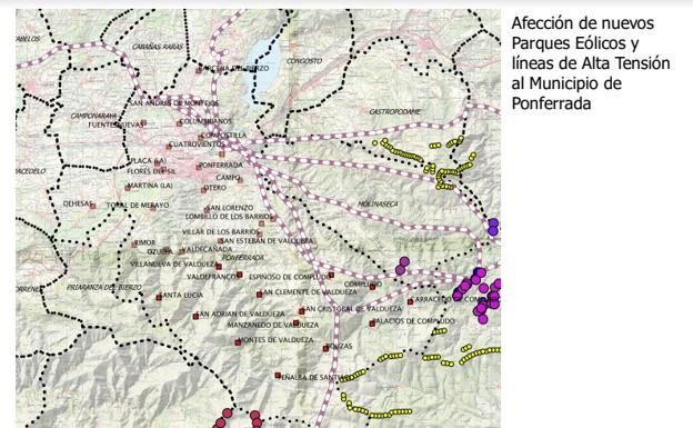 Mapa elaborado por el colectivo sobre la afección de los parque eólicos en el municipio./