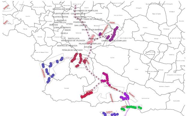 Mapa sobre la afección a Ponferrada Sur de los parques eólicos y líneas de alta tensión previstas por Green Capital Debelopment./A Morteira