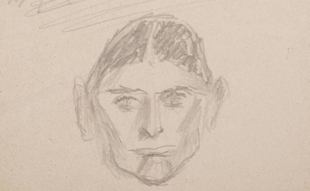 Detalle de un autorretrato de Kafka bajo un dibujo de su madre