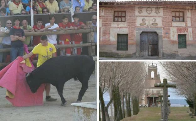 Un joven torea un novillo durante las fiestas de San Bartolomé en Sangarcía. Al lado, casa del pueblo que conserva los elementos ornamentales del siglo XVIII y ermita de San Roque.