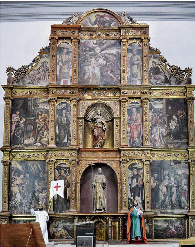 Retablo de Tecali (Puebla- Mexico). De un asombroso parecido en cuanto a la mazonería (elementos decorativos en bajorrelieve en los elementos de madera que arman un retablo) con la mazonería del retablo de Yugueros.